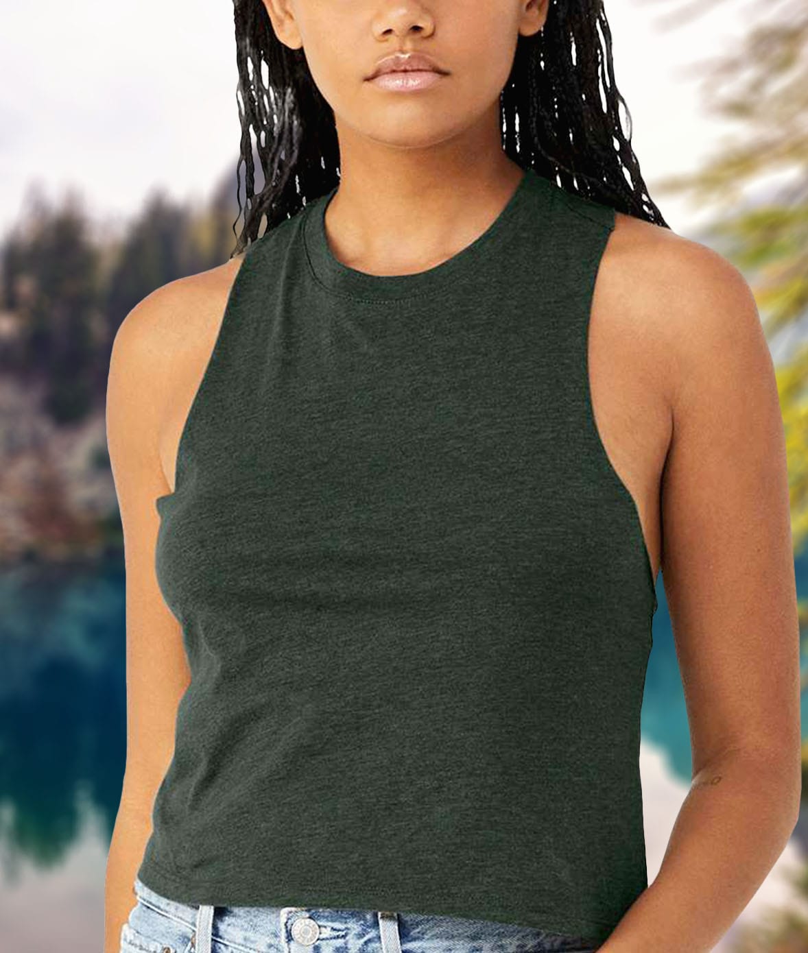 Women's Ridiculously Soft Cropped Racerback Muscle Tank Worn by Model
