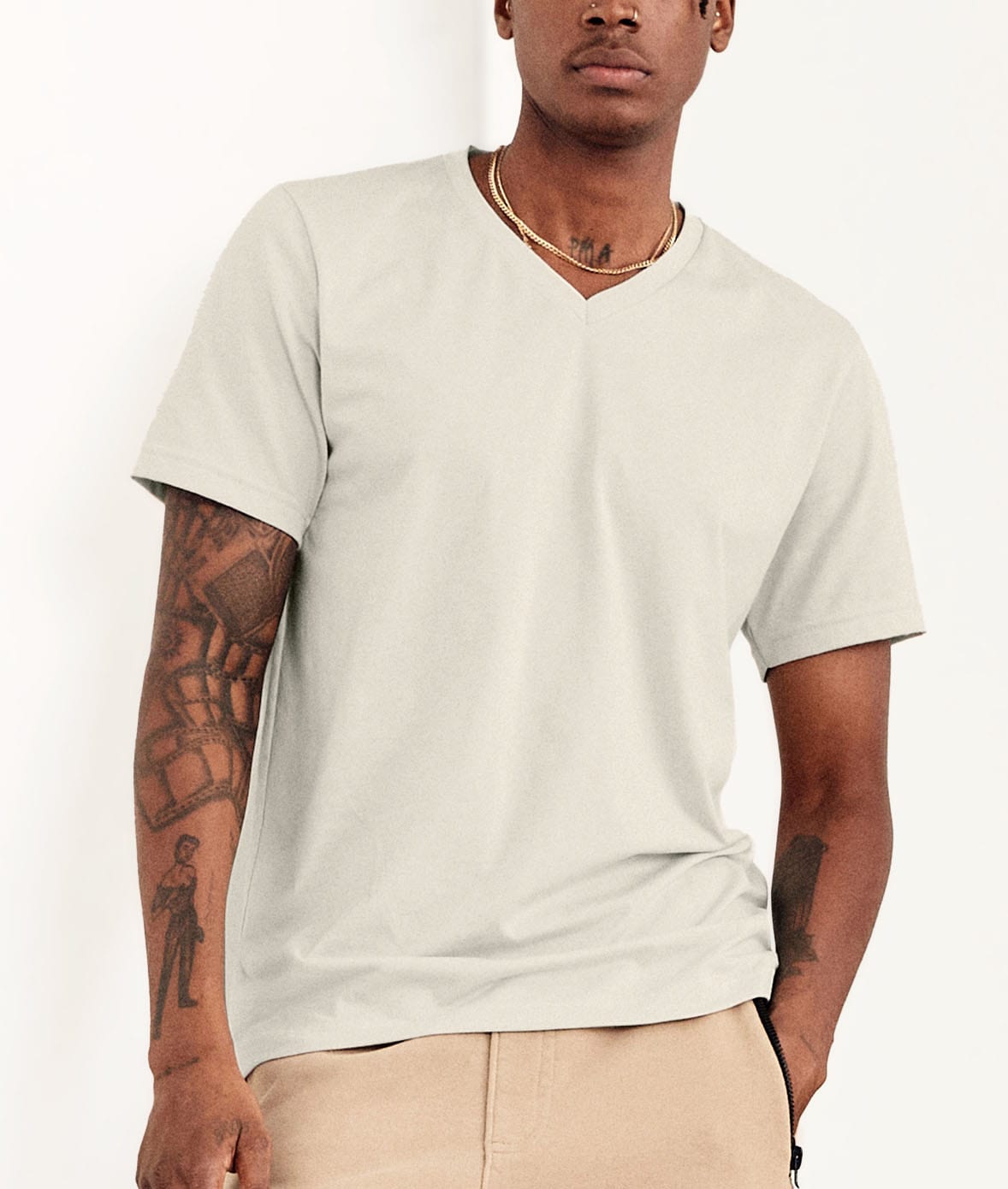 Men's Classic Cotton Short Sleeve V-Neck T-Shirt Worn by Model