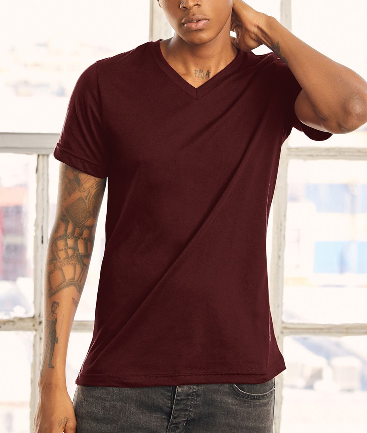 Men's Classic Soft Heathered Short Sleeve V-Neck T-Shirt Worn by Model