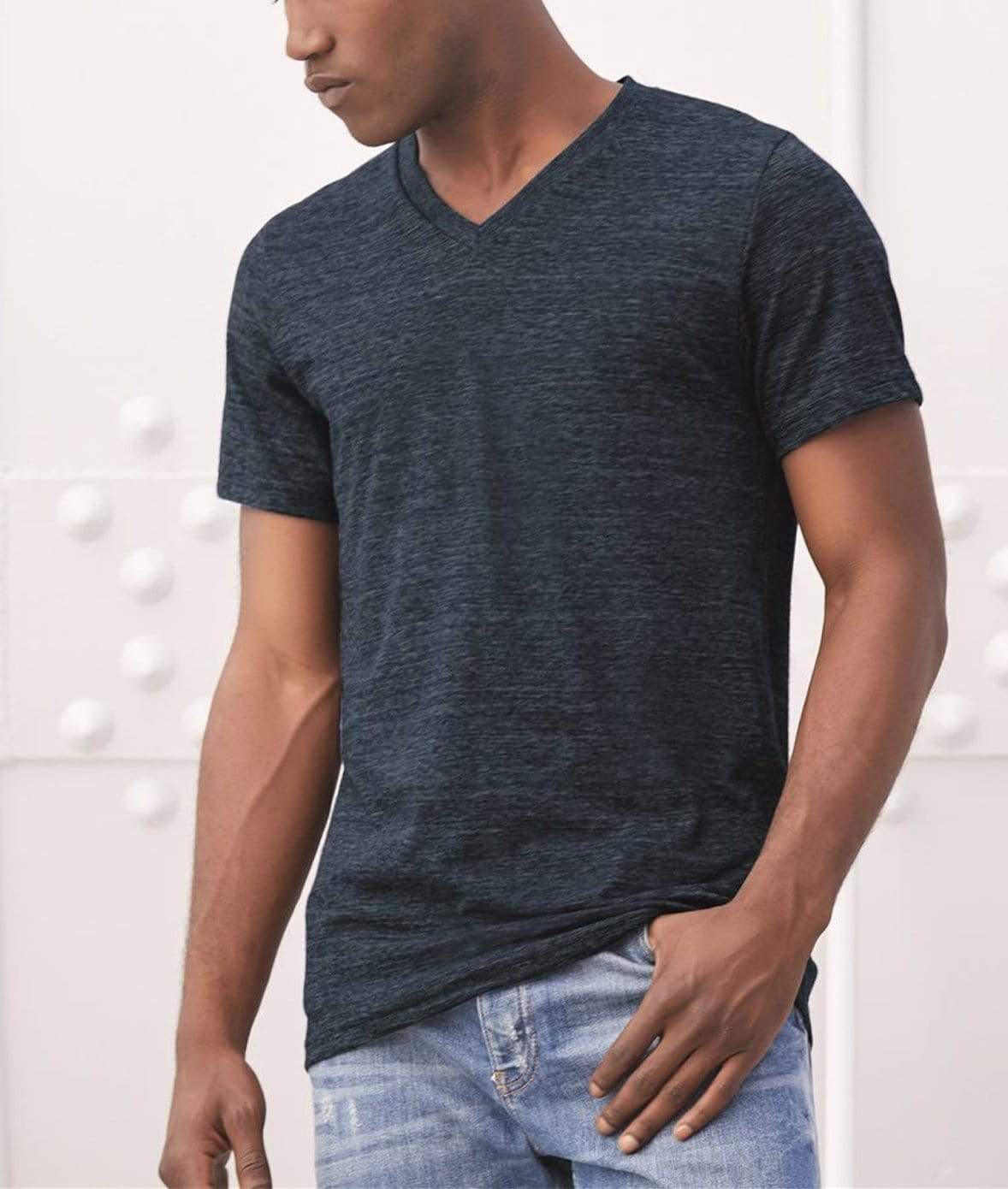 Men's Short Sleeve Slub Jersey V-Neck T-Shirt Worn by Model