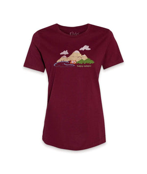 Nayked Apparel Women Women's Ridiculously Soft 100% Cotton Graphic Tee | Happy Camper Maroon / Small / NAY-0064-CAMP