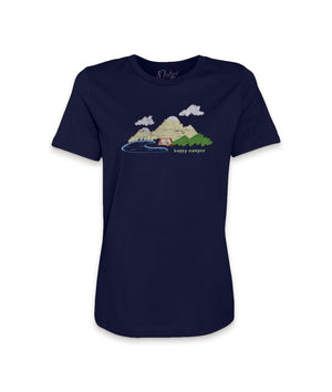 Nayked Apparel Women Women's Ridiculously Soft 100% Cotton Graphic Tee | Happy Camper Navy / Small / NAY-0064-CAMP