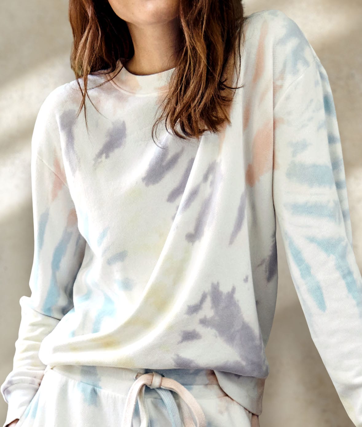 Women's Soft Tie Dye Recycled Washed Terry Pullover Worn by Model